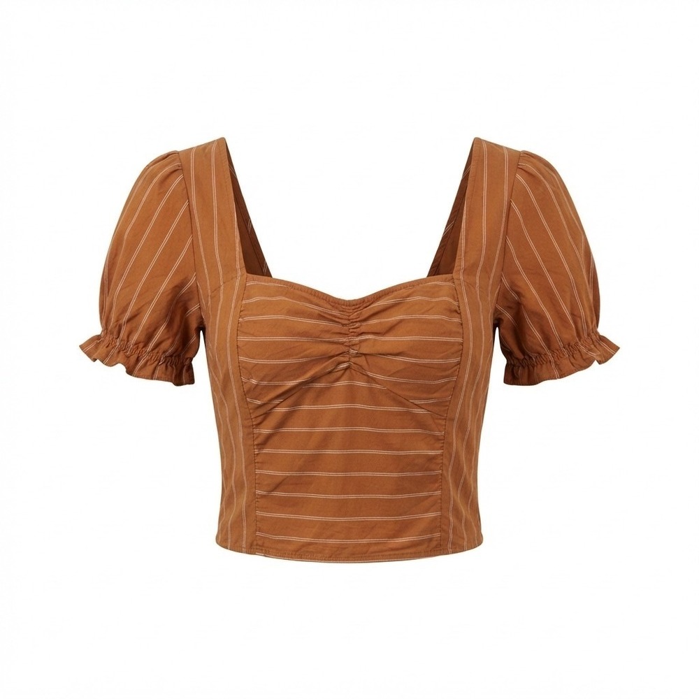 Free People Puff Sleeve Cropped Top Womens M Rust White Stripe Smocked Back